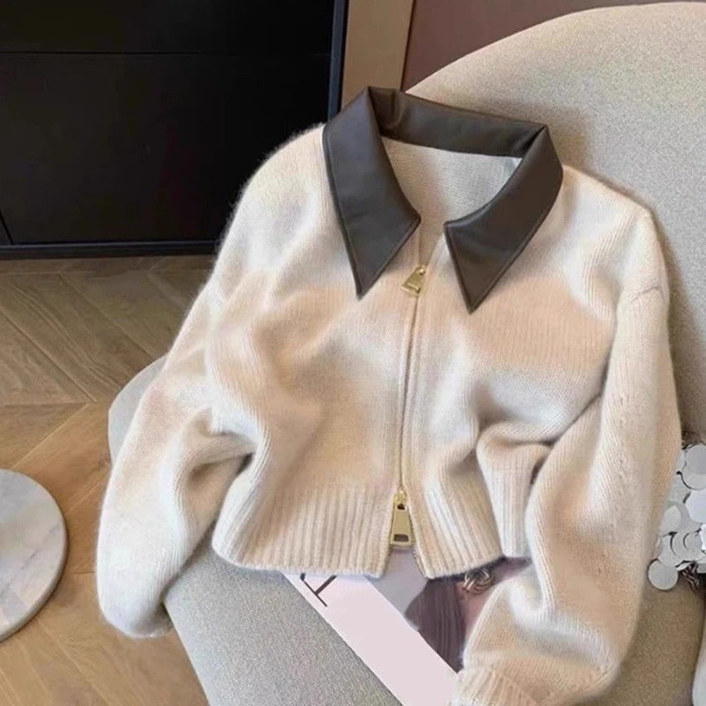 Sewing Front Zipper - Deri Yaka Fermuarlı Ön Kazak Hırka